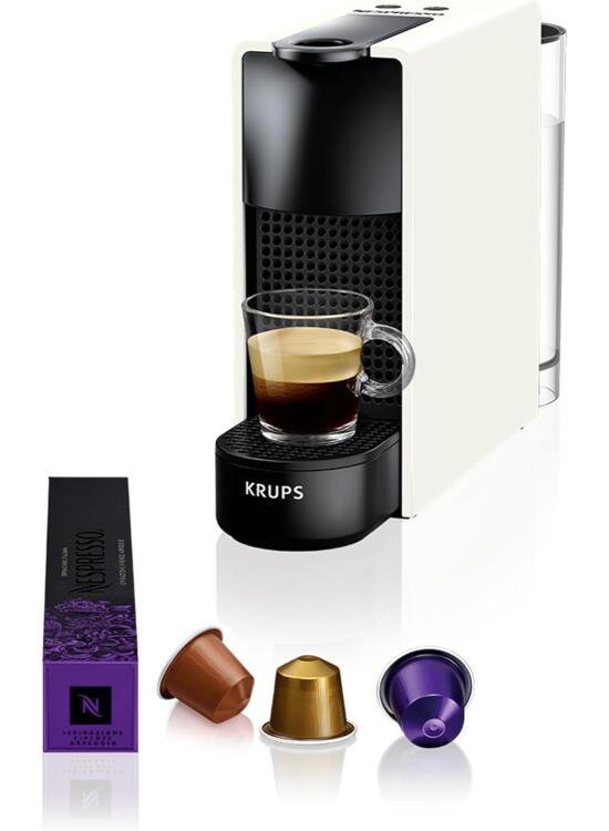 Nespresso Krups Essenza Mini XN1101 - Cafetera monodosis de cápsulas Nespresso, compacta, 19 bares, apagado automático, color blanco (Pack Cápsulas bienvenida incluido)