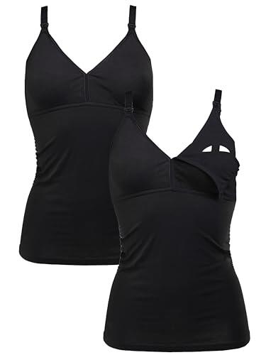 Herzmutter Camiseta Lactancia - Algodón - Top de Lactancia Materna - Ropa Mujeres Lactantes - Bustier Integrado - Set de 1 y 2-5420 (L, Negro, 2X)