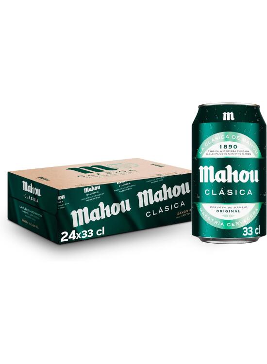 Mahou Clásica, Pack 24 Latas x 33cl, Cerveza Dorada Lager, Auténtica Cerveza Mahou Con Sabor Suave, Refrescante y Con Espuma Consistente, 4.8% Vol. Alcohol
