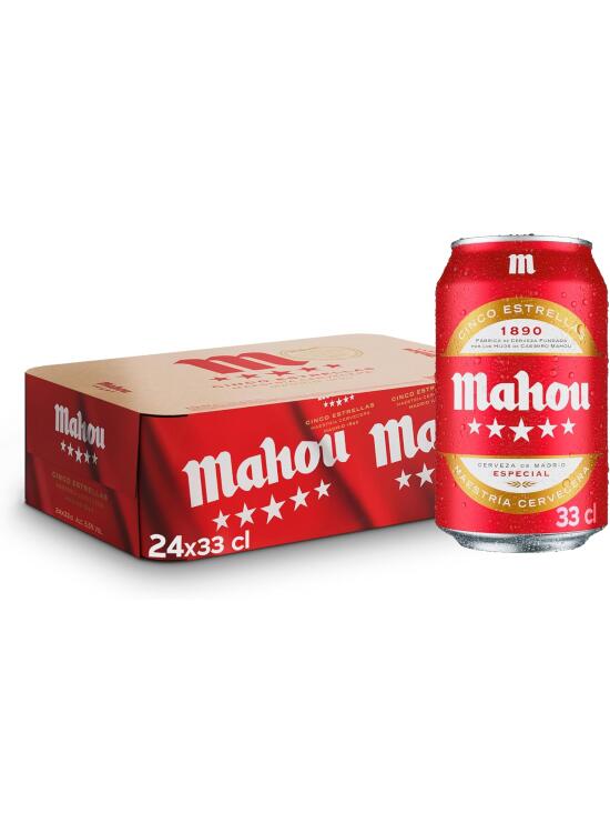 Mahou 5 Estrellas, Pack de 24 Latas x 33 cl, Cerveza Especial Dorada Lager, Sabor 5 Estrellas, 5,5% Volumen de Alcohol