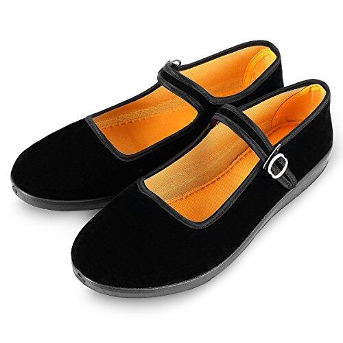 AioTio Zapatos Mary Jane de Terciopelo de Las Mujeres Algodón Negro Antigua Pekín Pisos de Tela Ejercicio Zapatos de Baile (Numeric_38)
