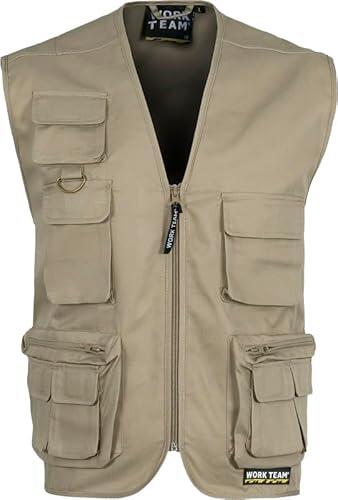 WORKTEAM Chaleco Safari Multibolsillos, Chaleco con Cremallera y Bolsillos Funcionales, Escote Pico, Unisex Beige XXL