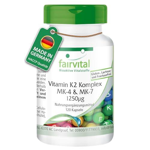 fairvital Complejo de vitamina K2 MK-4 y MK-7: 1250 mcg de K2 por cápsula, 120 cápsulas, fáciles de tragar, ALTA DOSIS, VEGANO, MK-7