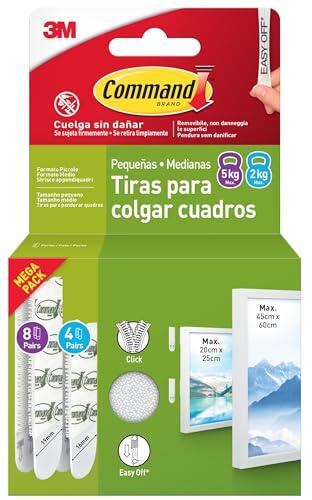 Command Tiras Adhesivas para Colgar Cuadros, 4 Pares de Tiras Pequeñas y 8 Medianas Blancas - Para Marcos, Espejos y Otros Adornos - Colgar sin Agujeros ni Taladrar