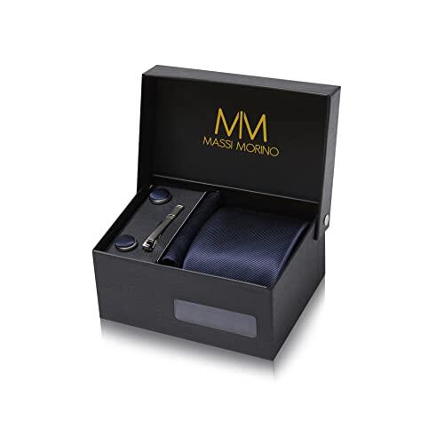Corbata de diseñador de Massi Morino. Set con pañuelo, gemelos y pasador de corbata, cosida a mano, de seda sintética en varios colores, incluye caja de regalo, Dunkelblau Unifarbe, unisex