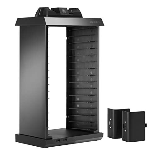 snakebyte Torre de Juegos con estación de Carga para 2 mandos de Xbox One 4, 2 Ranuras USB, Espacio para 15 Juegos y BLU-Ray – Organizador y estación de Carga