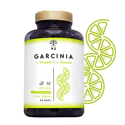 Garcinia Cambogia 60% HCA + Vitamina C y Cromo. Suplemento Natural para Adelgazar y Controlar el Apetito. 120 Cápsulas veganas. N2 Natural Nutrition