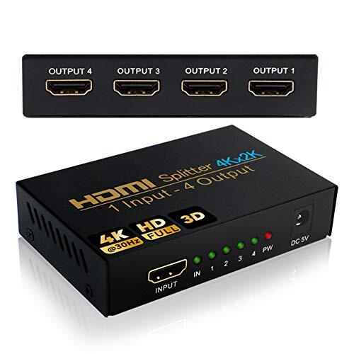 NIERBO Splitter HDMI 4 Salidas - Duplicador Compatible Con 4K 3D 1080p - 1 Entrada x 4 Salidas Distribuidor Para PS4 PS3 Xbox y Más Dispositivos