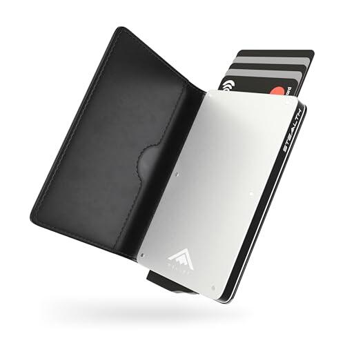 Stealth Wallet Tarjetero Hombre con Protección RFID - Cartera Tarjetero con Pop Up y Caja de Regalo - Porta Tarjetas de Crédito de Metal Delgado y Ligero (Aluminio Plateado, Cuero Negro)