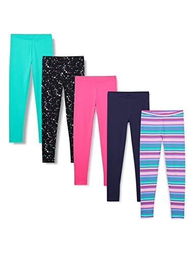 Amazon Essentials Leggings Niña, Pack de 5, Azul Marino/Negro Estrellas/Rayas/Rosa/Verde Agua, 8-9 años