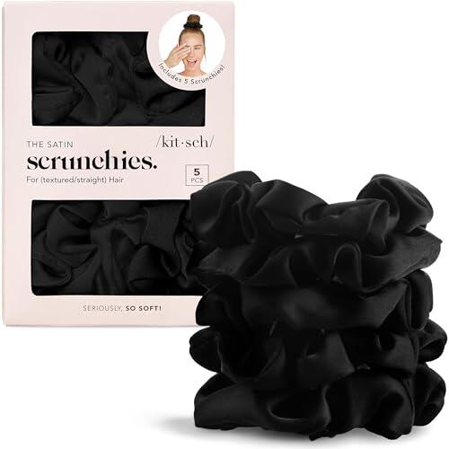 Kitsch 5 gomas de pelo de satén, más suaves que la seda, antiencrespamiento y rotura, agarre suave para peinados, coleteros para dormir y noche, color negro