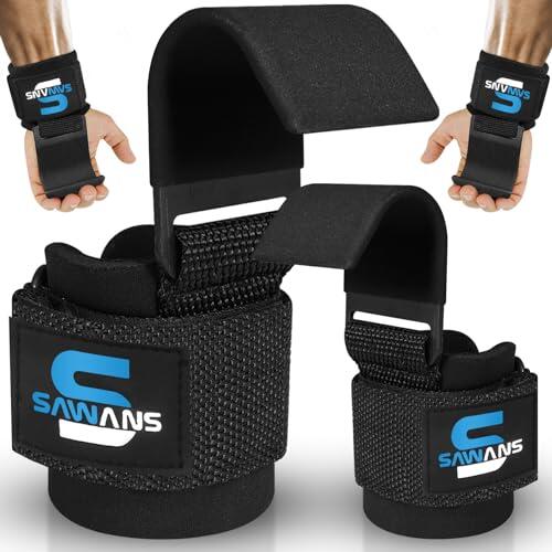 SAWANS Soporte de muñeca Ganchos de levantamiento de pesas Entrenamiento Gimnasio Bar Soporte Guantes acolchado grueso, de neopreno, con revestimiento correas goma Power Wrist Straps (Negro)