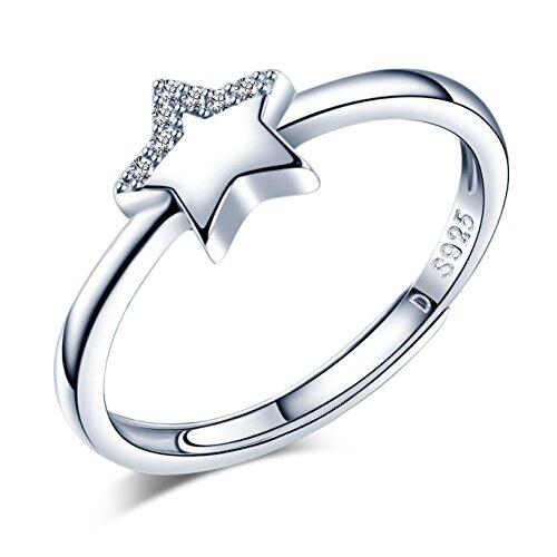 Anillos Mujer Niña, Yumilok-Moda y Simple Anillos S925 Plata de Ley con Circonitas Estrella, Regalo para Novia