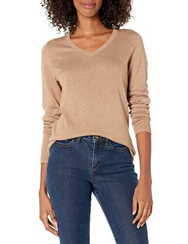 Amazon Essentials Suéter ligero de manga larga con cuello en V para mujer, de ajuste clásico (disponible en talla extragrande), color camello jaspeado, talla S