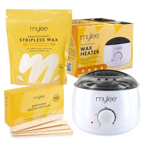 Mylee Kit de Depilacion Profesional Mujer Hombre – Máquina calentador cera depilatoria, 100 Espátulas 500g Dura Premium Italiana Sin Bandas – Set Completo (Coco Árnica)