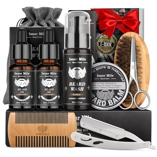 Kit Barba para Hombre, Kit Cuidado Barba Completo, Cumpleaños Navidad Set Regalos para Hombre Papá Novio con 40ML Aceites para Barba, Cepillo - Peine - Champú - Bálsamo Barba y Navaja de Afeitar