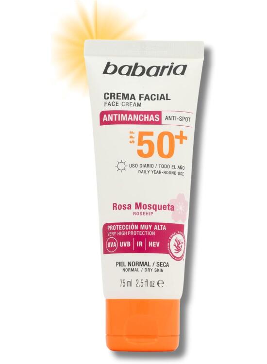 Babaria - Protector Solar Facial 50 Antimanchas Con Rosa Mosqueta | Crema Hidratante Facial Mujer | Crema Rosa Mosqueta Mujer | Bloqueador Solar | 75ml