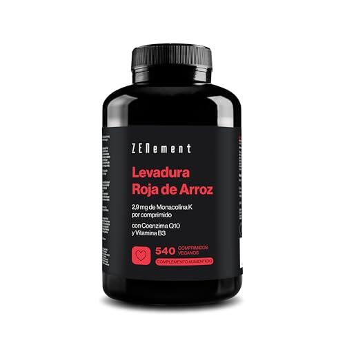 Levadura Roja de Arroz, 540 Comprimidos Veganos | Aporta 2,9mg de Monacolina K, Enriquecido con Coenzima Q10 y Vitamina B3 | Libre de Citrinina | Zenement