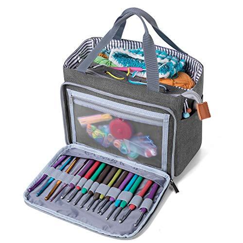 Luxja Bolsa para labores, Almacenamiento de ovillos, Bolsa para Tejer Bolso para madejas de Hilo, Ganchos de Ganchillo, Agujas de Tejer y Otros Accesorios pequeños, Gris