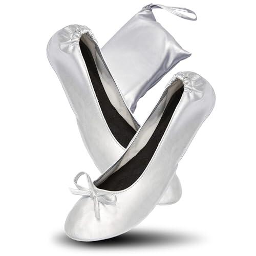 JJ PRIME Ballerina Plegables para Bolso | Zapatos Fiesta Comodos - Después de Los Zapatos de Fiesta con la Bolsa Plegable (Plata, Sistema Tallas Calzado EU, Adulto, Mujer, Números, Mediano, 38)