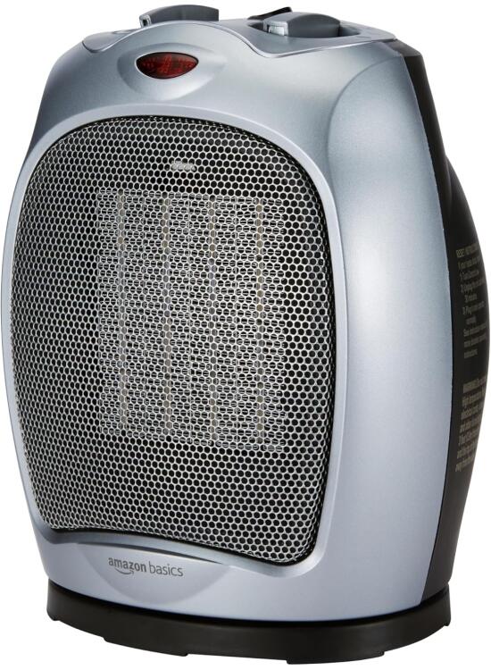 Amazon Basics Calefactor de cerámica oscilante, 1800 W, con termostato ajustable, Plateado