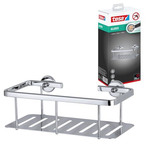 tesa Estante de Ducha Aluxx, Cesta de Ducha para Pared Fabricado en Aluminio Cromado Brillante e Inoxidable, Sin Taladrar, Incluye Solución Adhesiva de Montaje
