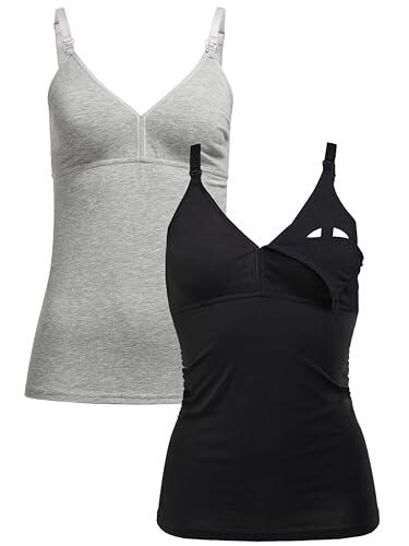 Herzmutter Camiseta Lactancia - Algodón - Top de Lactancia Materna - Ropa Mujeres Lactantes - Bustier Integrado - Set de 1 y 2-5420 (L, Negro/Gris)