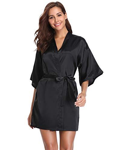 Vlazom Albornoces de Satén para Mujer,Kimono Corto Sexy de Verano, Manga 3/4,Cinturón Incluido,Ideal como Albornoz de Novia o para Vestir(S,Negro)
