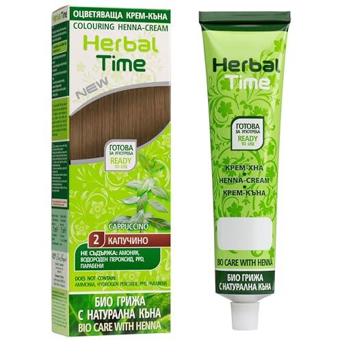 Herbal Time Henna Natural Colorante en Crema | Henna Pelo | Cubre Canas | Crema Tinte Coloración Temporal | Sin Amónico, Sin Sulfatos y Sin Parabenos | Color Capuchino 2 | 75ml
