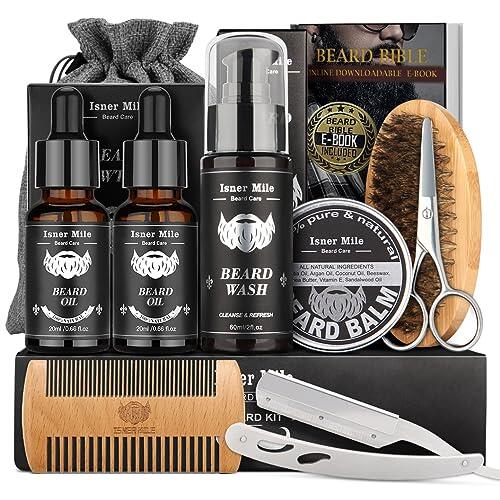 Kit Barba para Hombre, Kit Cuidado Barba Completo, Cumpleaños Navidad Set Regalos para Hombre Papá Novio con 40ML Aceites para Barba, Cepillo - Peine - Champú - Bálsamo Barba y Navaja de Afeitar