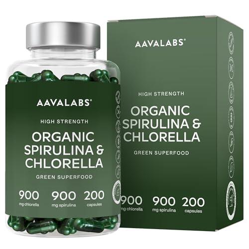 Espirulina y Chlorella Orgánica – 200 cápsulas de spirulina y chlorella – 1800 mg por dosis diaria – 2 meses de suministro – 100% veganas – sin gluten – fácil de tomar con agua o zumo