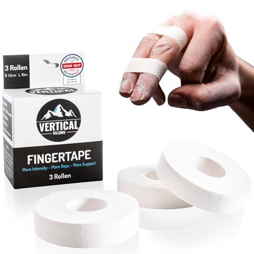 VERTICAL FELLOWS® 3 rollos de cinta de escalada de 1,5 cm de ancho, Dermatest muy bien, con instrucciones en PDF, cinta para dedos y cinta deportiva ideal para escalada, boulder, deportes de fuerza,