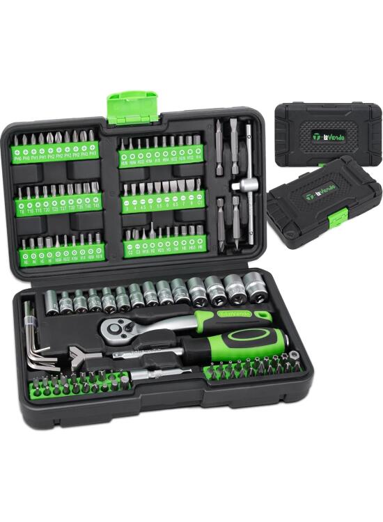 Maletín de herramientas completo profesional de 130pcs | Tamaño pequeño ideal coche | Con juego de llaves de vasos, puntas de destornillador y Carraca | Cromo Vanadio