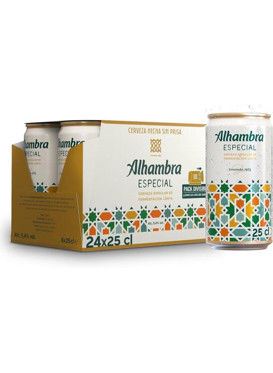 Alhambra Especial, Pack 24 Latas x 25 cl, Cerveza Especial de Fermentación Lenta, 5.4% Volumen Alcohol