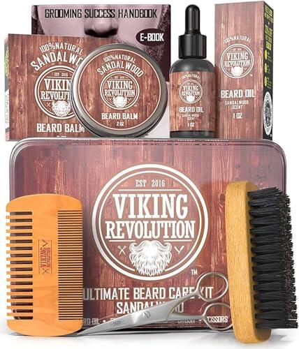 Viking Revolution Kit de Barba y Bigote Para Hombre - Juego Champú, Cepillo Cerdas de Jabalí, Peine de Madera, Bálsamo de Sándalo, Aceite, Tijeras
