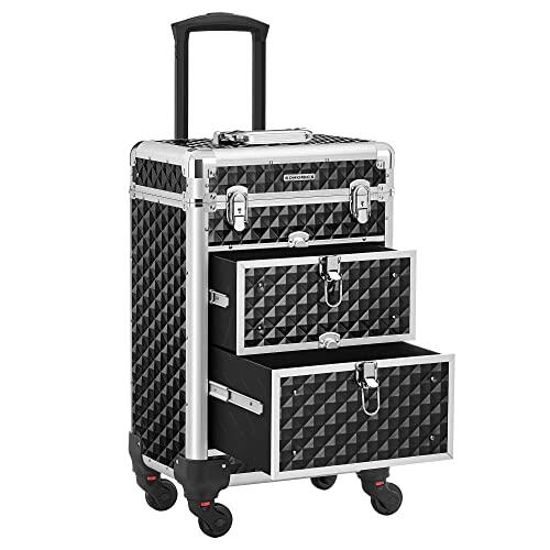 SONGMICS Maleta de Maquillaje Profesional, Maletín para Cosméticos, Maletín de Peluquería, con 2 Cajones, Grande, 34 x 24 x 56 cm, Ruedas 360°, para Viaje, Regalo Ideal, Negro JHZ08BK