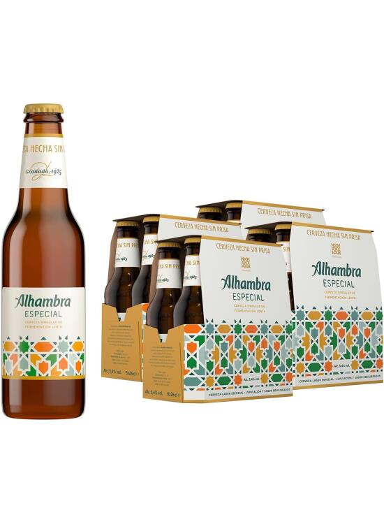 Alhambra Especial, Pack 24 Botellas x 25 cl, Cerveza Especial de Fermentación Lenta, 5.4% Volumen Alcohol