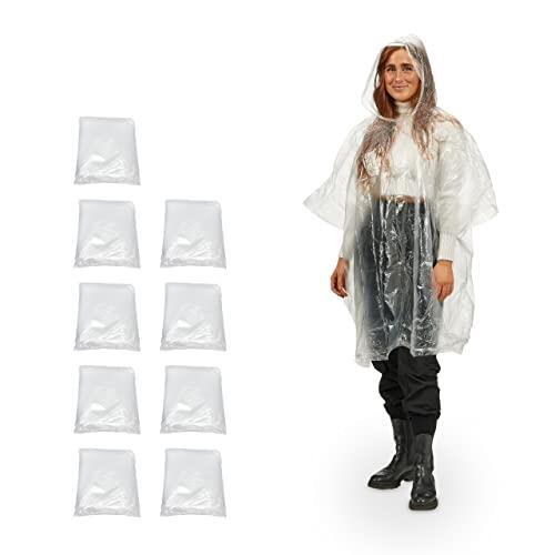 Relaxdays Set de 10 Chubasqueros, Capa Lluvia Capucha, Poncho Impermeable Desechable, Hombre y Mujer, PE, Transparente