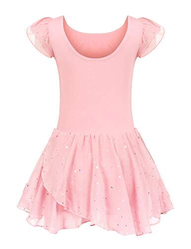 trudge - Ropa de ballet para niña, manga corta, de algodón, maillot de danza con falda, tutú, Rosa B., 140