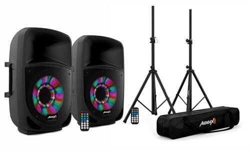 Audibax Vegas 10 - Set de 2 Altavoces Profesionales con Bluetooth de 10" - Soportes Tripode con Bolsas de Transporte Incluidos - Potencia de 200W - Altavoces Amplificados - Iluminación LED