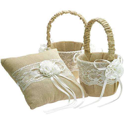 EinsSein 1x Almohada de Anillos Boda Set Flor de Yute 18x18 Grande + 2X Cesta de Flores Porta Bodas alianzas cojin Anillo Cojines Arras Caja Cajas Originales y Cesta niño Raso Rustico Llevar los
