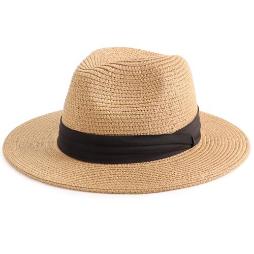DRESHOW Mujeres Sombrero de Panamá de Paja de Verano Sombrero de Playa Fedora de ala Ancha UPF 50+