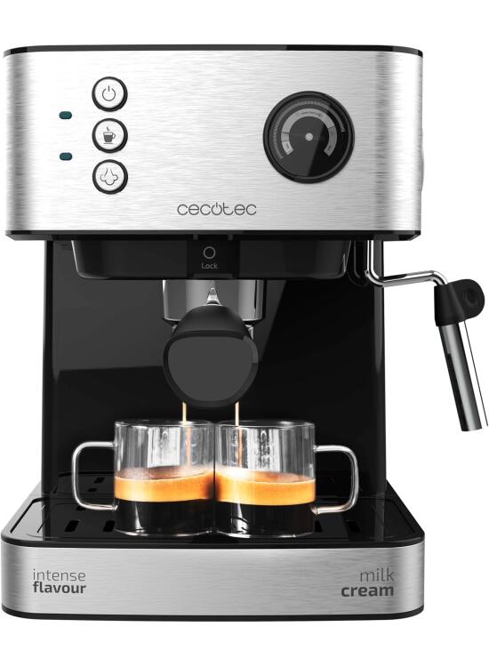Cecotec Cafetera Express Power Espresso 20 Professionale. 850 W, 20 Bares, Manómetro, Depósito de 1,6L, Brazo Doble Salida, Vaporizador, Superficie Calientatazas, Acabados en Acero Inoxidable