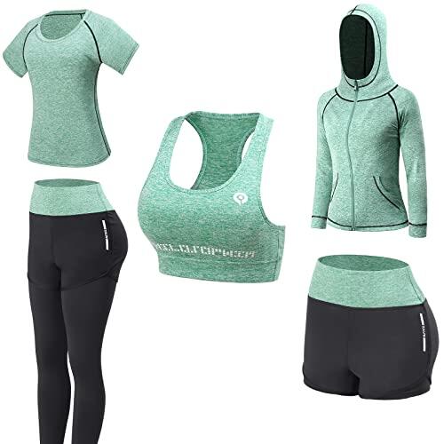 JULY'S SONG - Conjunto de yoga con 5 prendas, para correr, gimnasio, fitness, verde, M