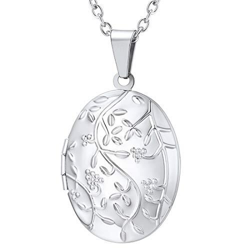 U7 Flores relicario ovalado de mujer material cobre ecológico bañado en oro blanco tono plateado locket moderno para madres