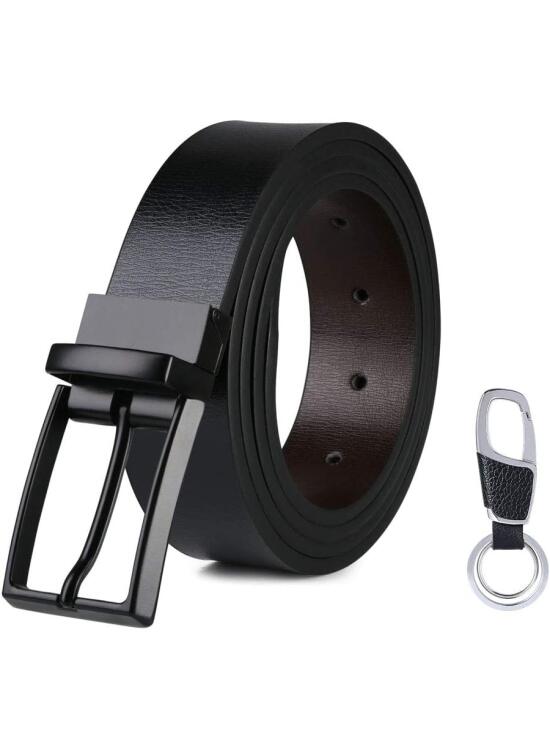 flintronic Cinturón Cuero Hombre, 3.5 * 130cm Cinturón con Reversible Correa de Hebilla de Pin Para Jeans, Trajes, Ropa Informal y Formal, Negro y Marrón(con Llavero y Caja de Regalo)