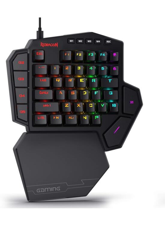 Redragon K585 DITI - Teclado de Juego mecánico RGB de una Mano, Teclado de Juego Profesional con Cable Tipo C con 7 Teclas Macro integradas, reposamuñecas Desmontable, 42 Teclas, US Layout
