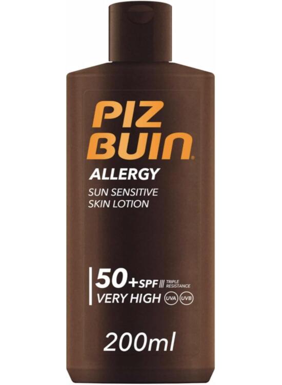 PIZ BUIN Allergy Sun Sensitive Skin Lotion FPS 50 (200 ml), protector solar corporal con FP50, protección solar muy alta para pieles sensibles, loción corporal con filtros UVA/UVB