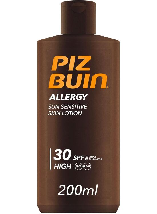PIZ BUIN Allergy Sun Sensitive Skin Lotion FPS 30 (200 ml), protector solar corporal con FP30, protección solar alta para pieles sensibles, loción corporal con filtros UVA/UVB