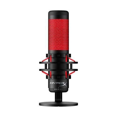 HyperX QuadCast - Micrófono de condensador USB, soporte de choque antivibración, cuatro patrones polares, filtro pop, control de ganancia, para PC, PS4, PS5 y Mac, Negro y Rojo